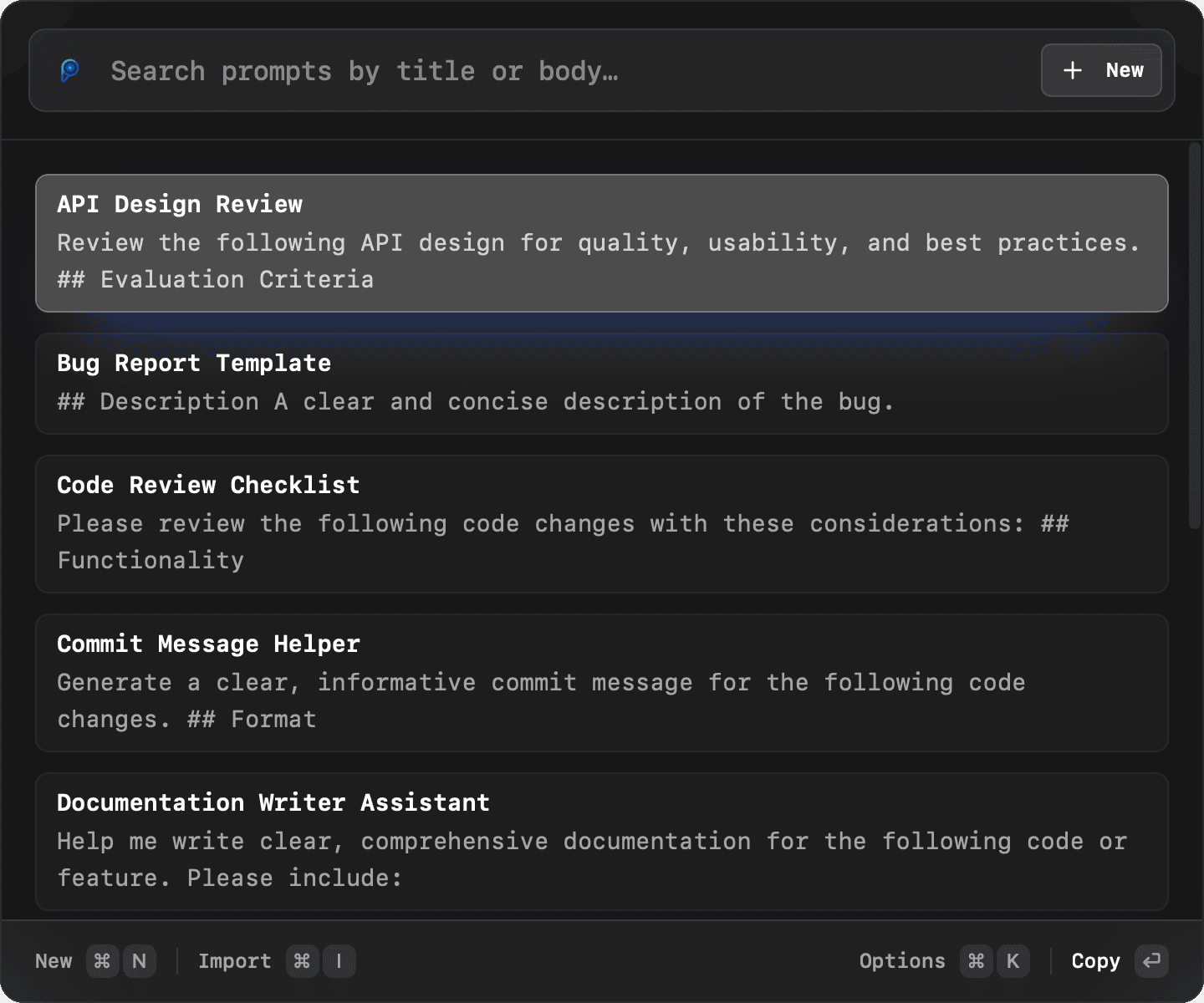Promptlight app screenshot with searchable prompt list