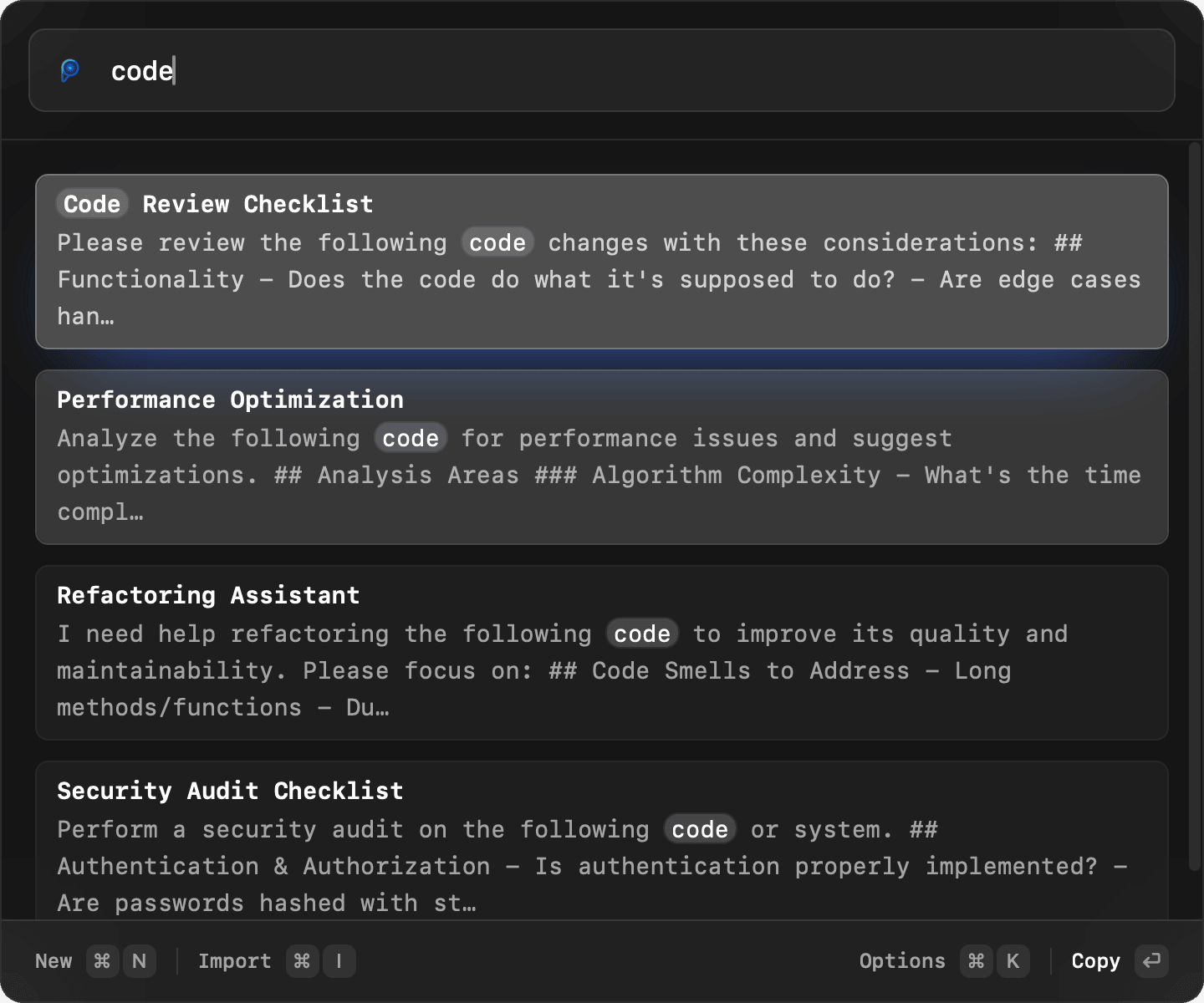 Search across your saved prompts with instant filtering
