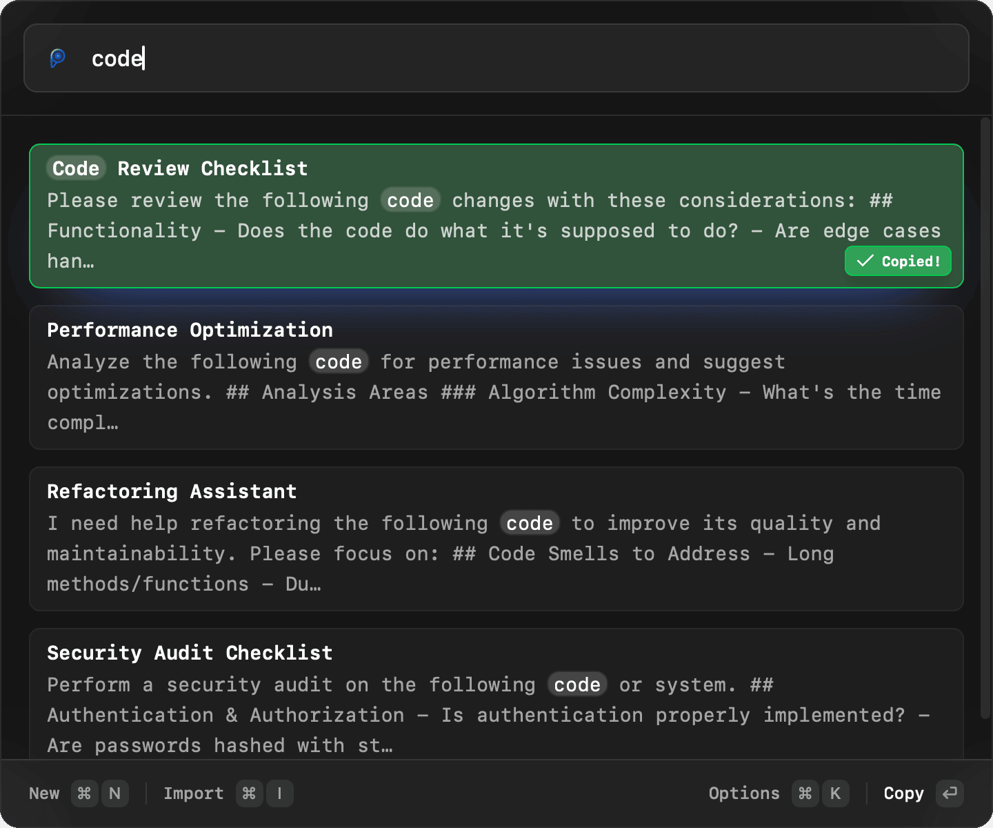 Copy the selected prompt straight to your clipboard